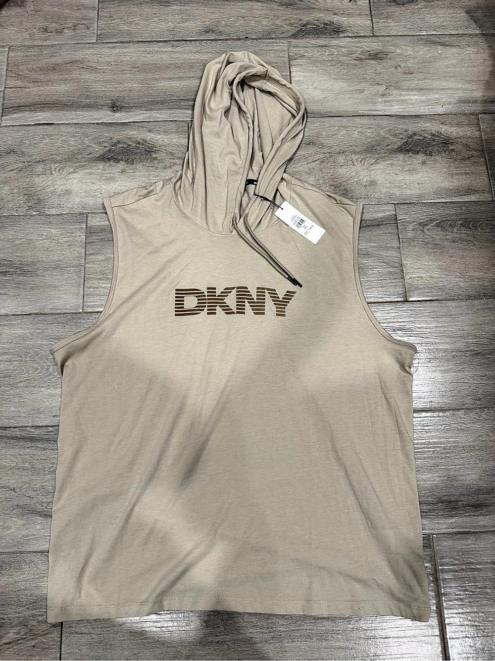 DKNY Men's Sleeveless Hooded T-Shirt Beige XXL